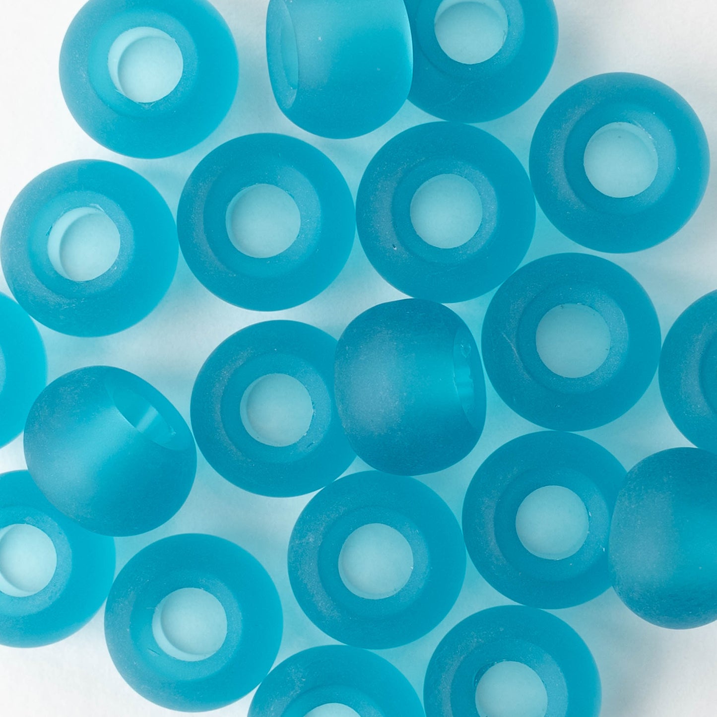 10x14mm Frosted Glass Large Hole Rondelle - Aqua - 4 beads