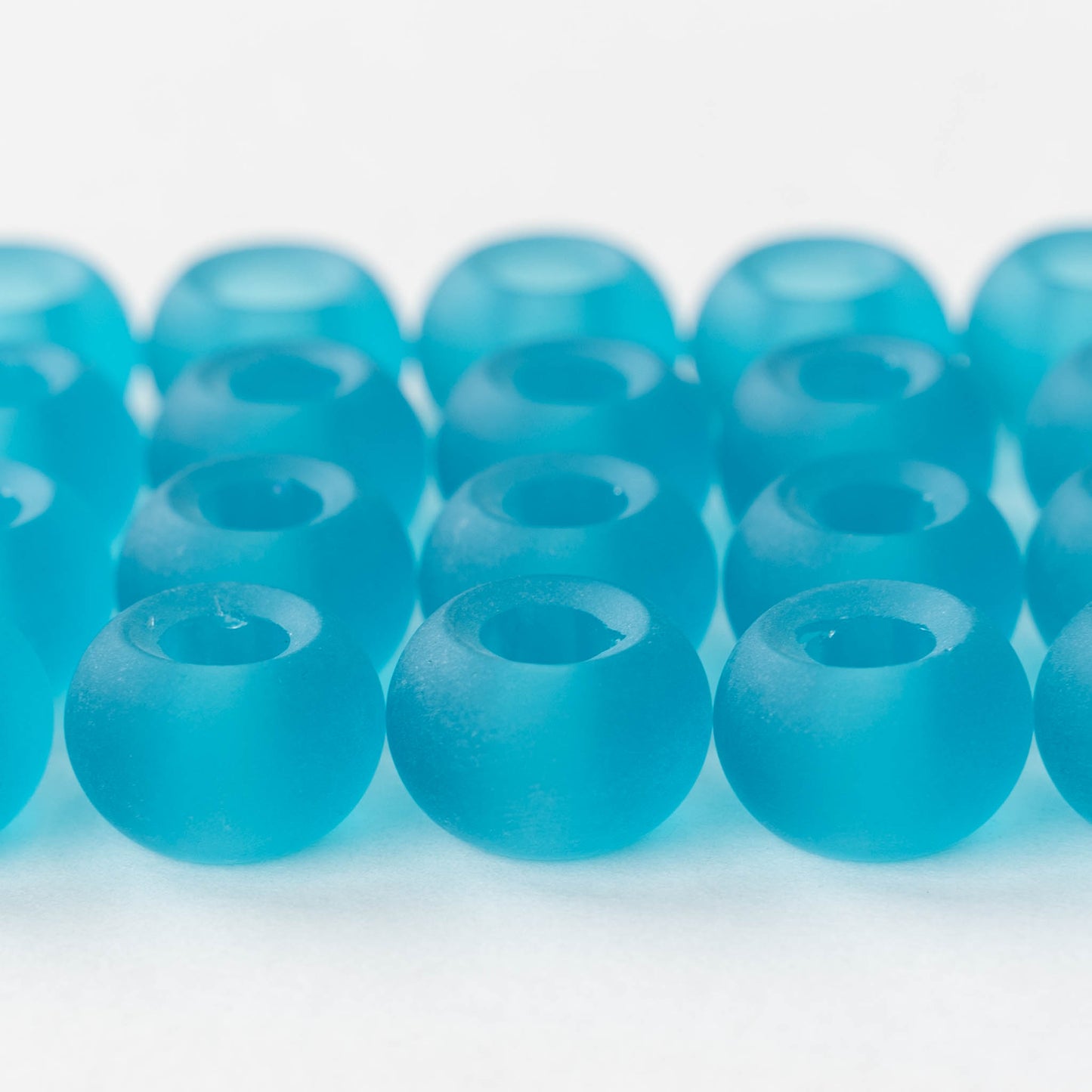 10x14mm Frosted Glass Large Hole Rondelle - Aqua - 4 beads