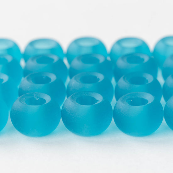 10x14mm Frosted Glass Large Hole Rondelle - Aqua - 4 beads
