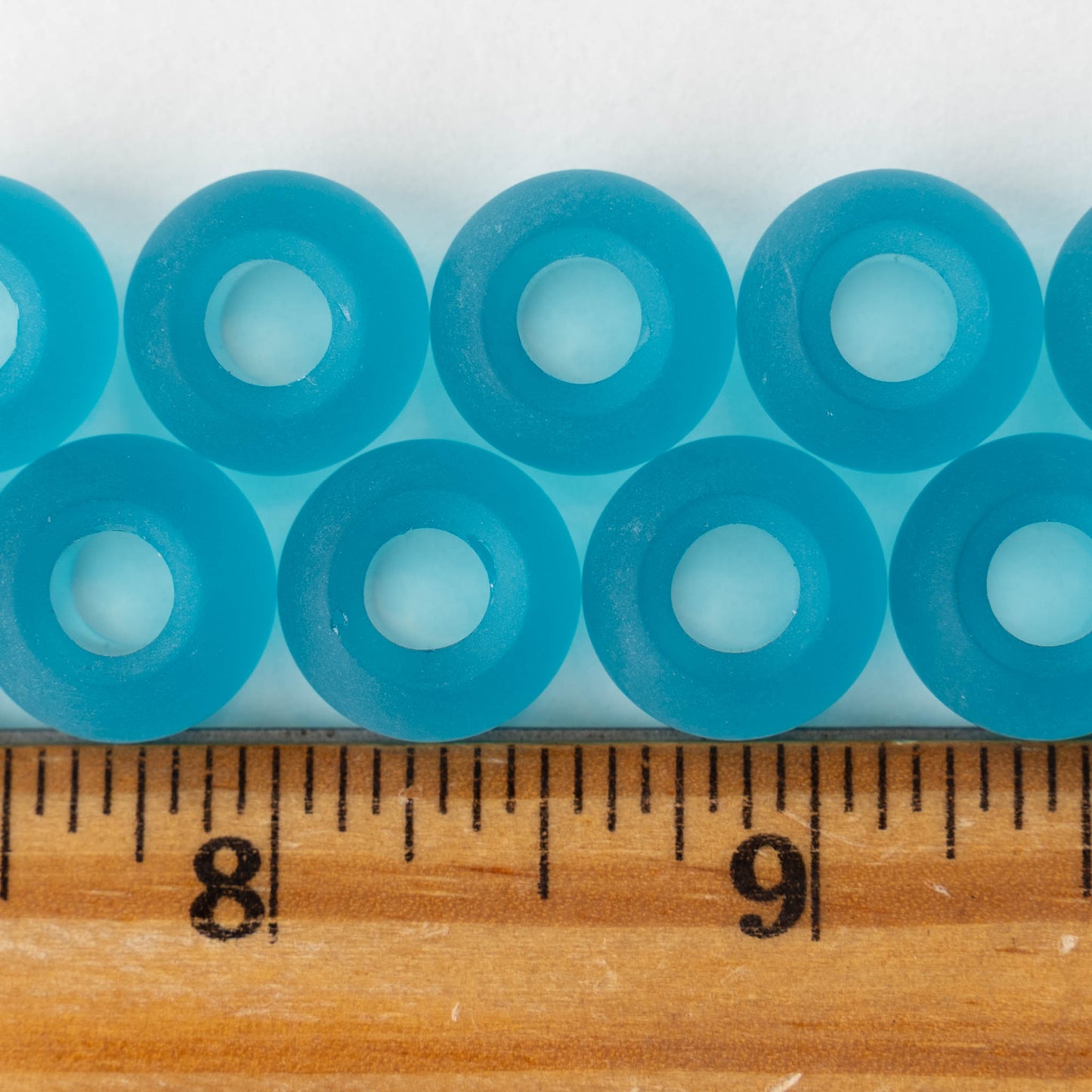 10x14mm Frosted Glass Large Hole Rondelle - Aqua - 4 beads