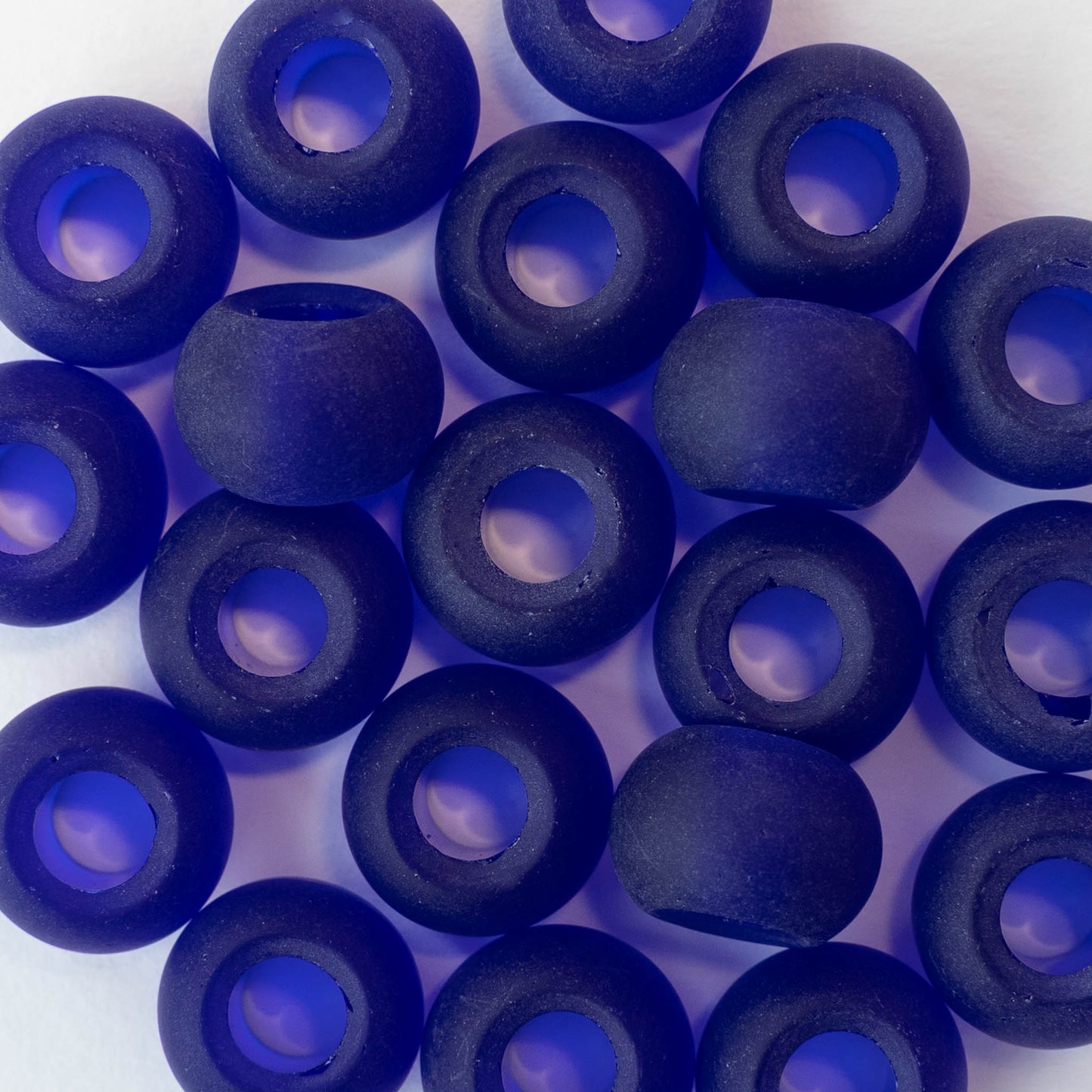 10x14mm Frosted Glass Large Hole Rondelle - Cobalt Blue - 4 beads