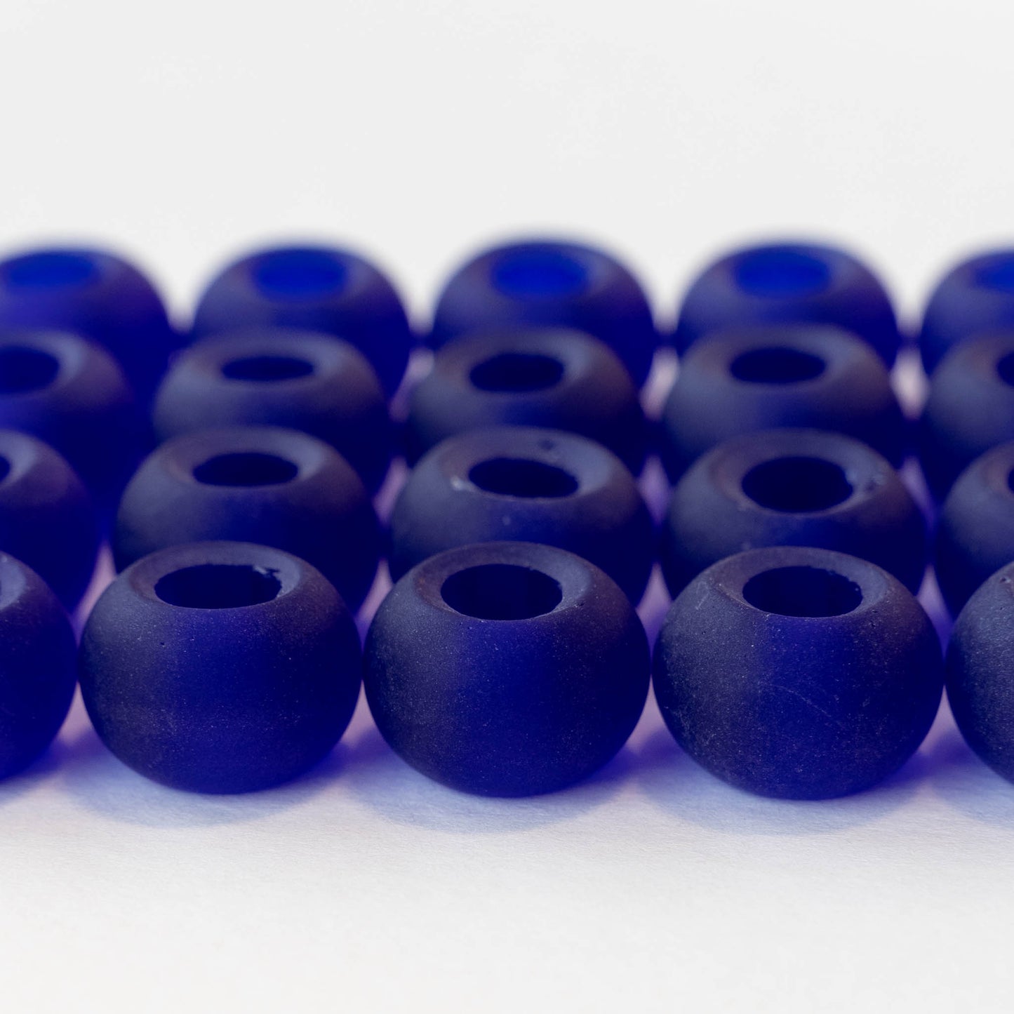 10x14mm Frosted Glass Large Hole Rondelle - Cobalt Blue - 4 beads