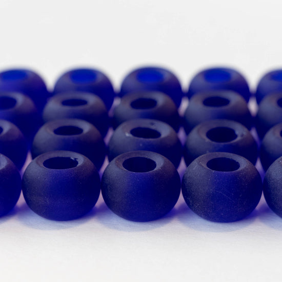 10x14mm Frosted Glass Large Hole Rondelle - Cobalt Blue - 4 beads