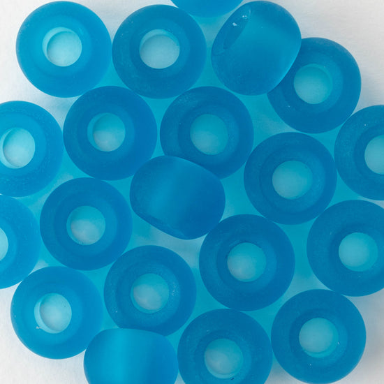 10x14mm Frosted Glass Large Hole Rondelle - Deep Aqua - 4 beads