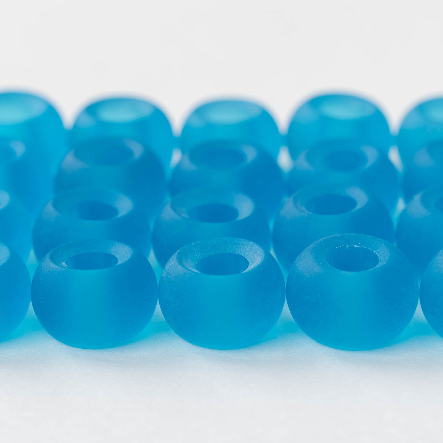 10x14mm Frosted Glass Large Hole Rondelle - Deep Aqua - 4 beads