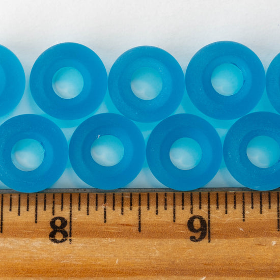 10x14mm Frosted Glass Large Hole Rondelle - Deep Aqua - 4 beads