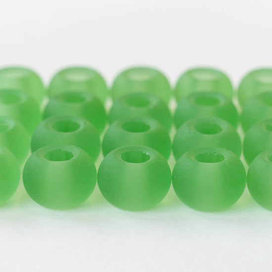 10x14mm Frosted Glass Large Hole Rondelle - Peridot - 4 beads
