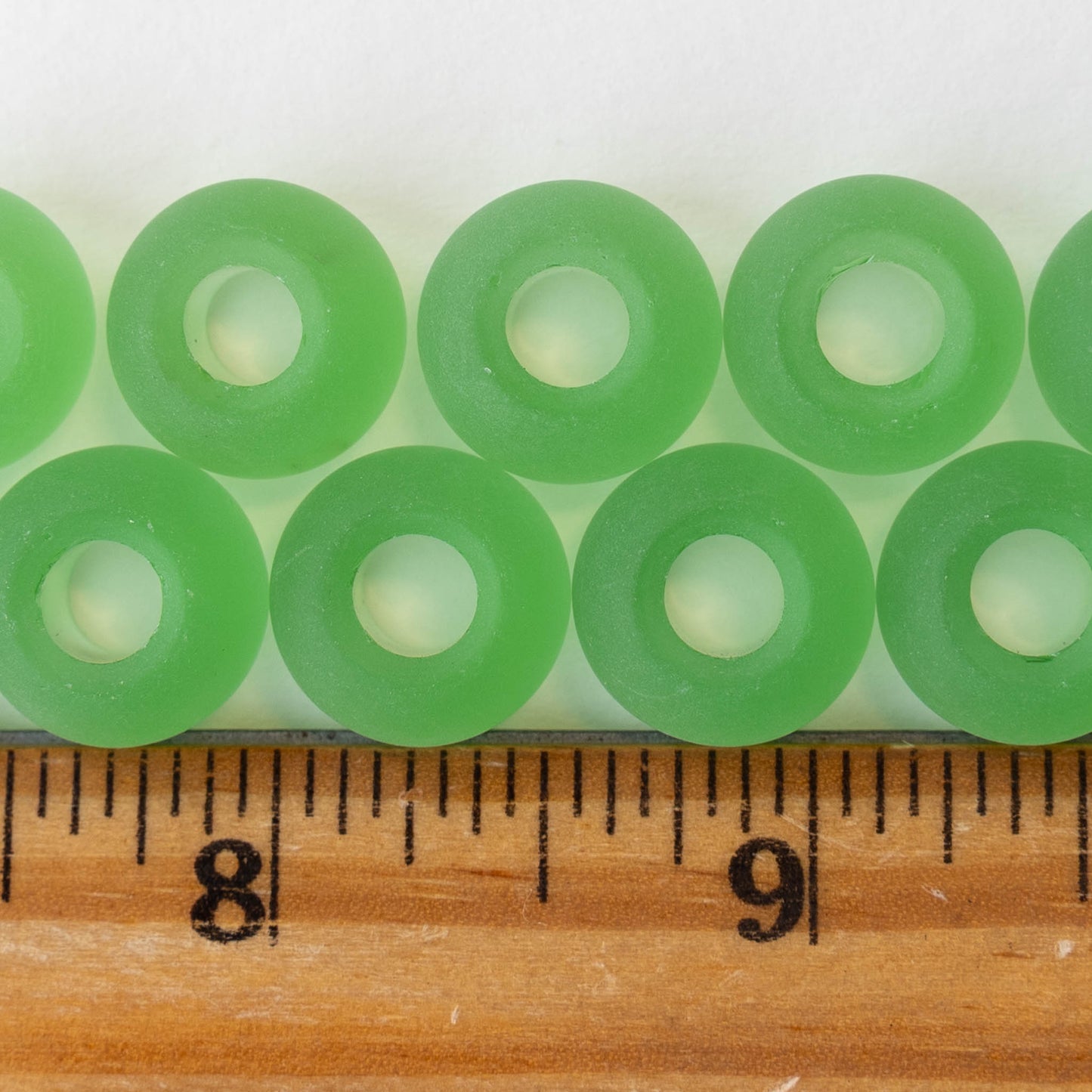 10x14mm Frosted Glass Large Hole Rondelle - Peridot - 4 beads