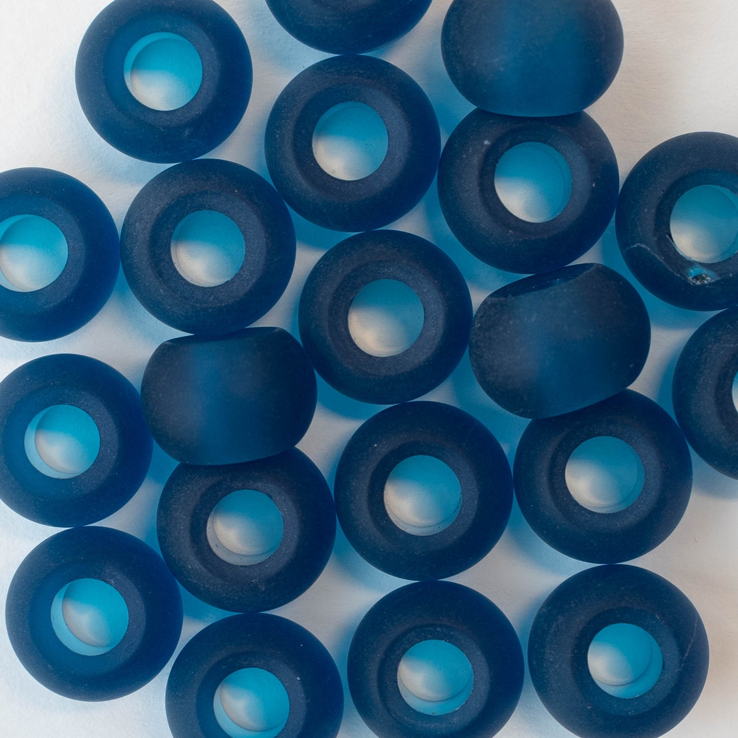 10x14mm Frosted Glass Large Hole Rondelle - Teal - 4 beads