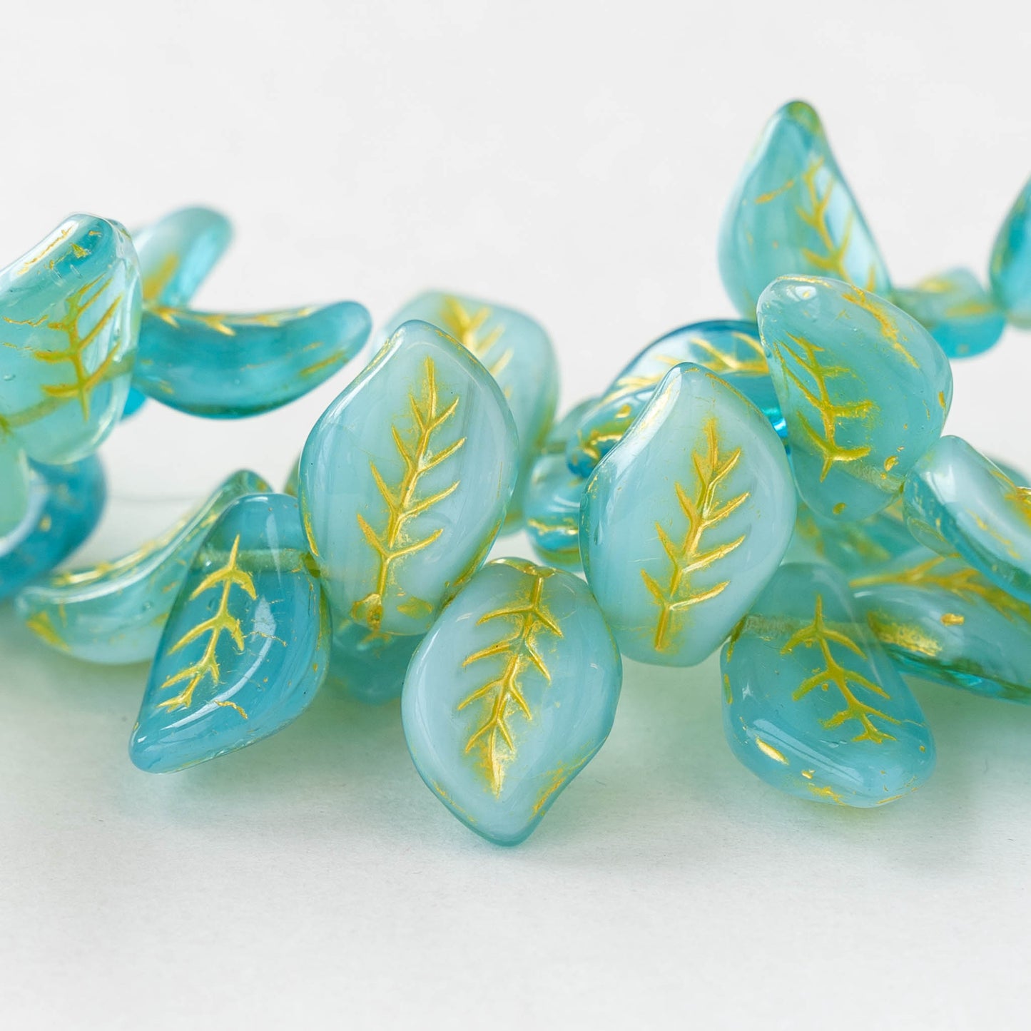 14x10mm Leaf Beads - Seafoam with Gold - 12