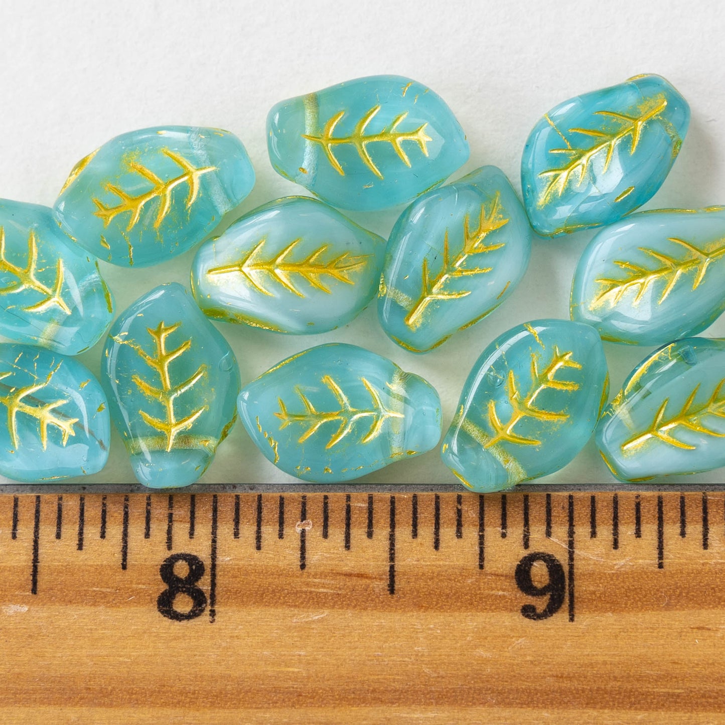 14x10mm Leaf Beads - Seafoam with Gold - 12