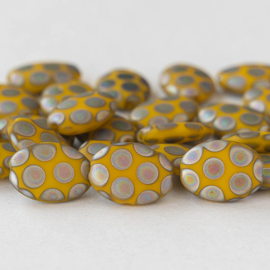 10x14mmmm Glass Oval - Yellow  Matte With Peacock Finish - 4 beads