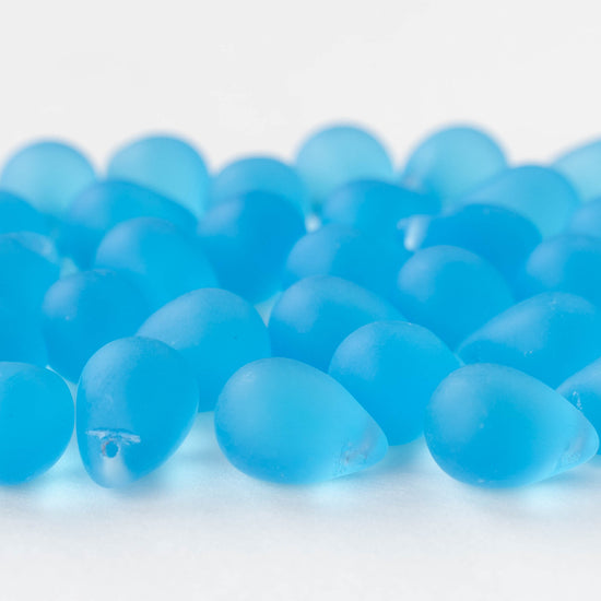 10x14mm Frosted Glass Teardrop Beads - Aqua