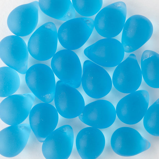 10x14mm Frosted Glass Teardrop Beads - Aqua