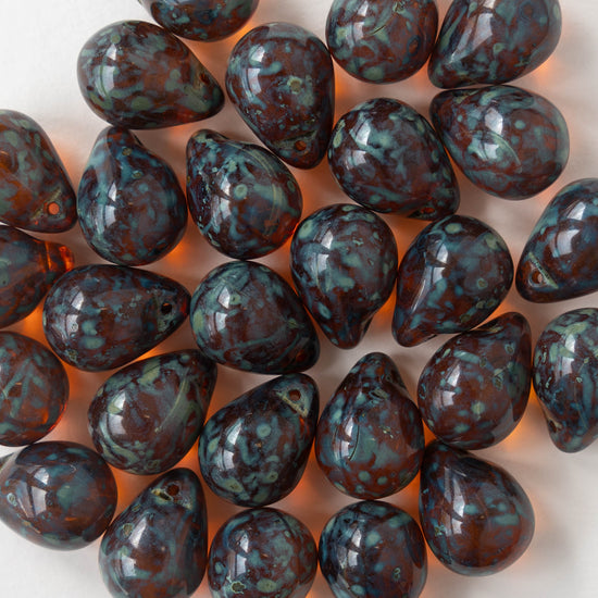 10x14mm Glass Teardrop Beads - Dark Amber Picasso - 12 beads