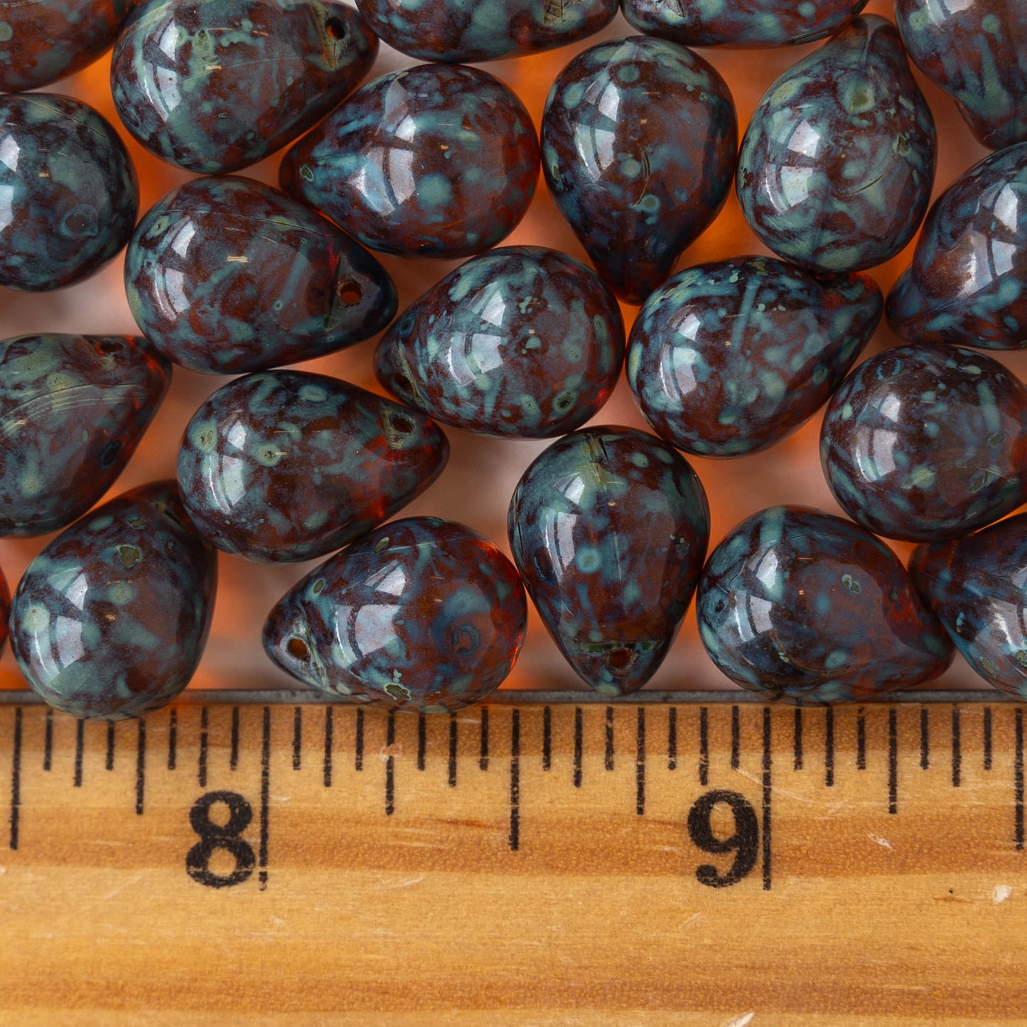 10x14mm Glass Teardrop Beads - Dark Amber Picasso - 12 beads