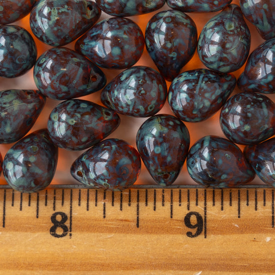 10x14mm Glass Teardrop Beads - Dark Amber Picasso - 12 beads