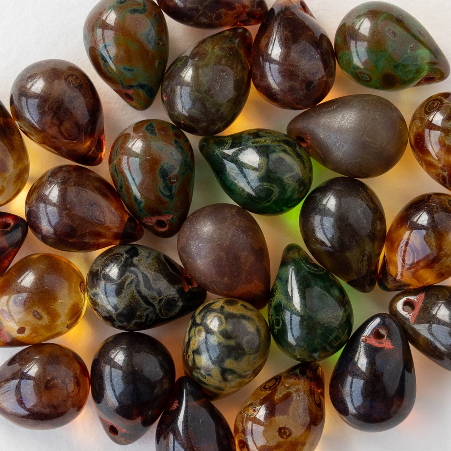 10x14mm Glass Teardrop Beads - Transparent Earthy Picasso Mix - 12, 24, or 48 beads