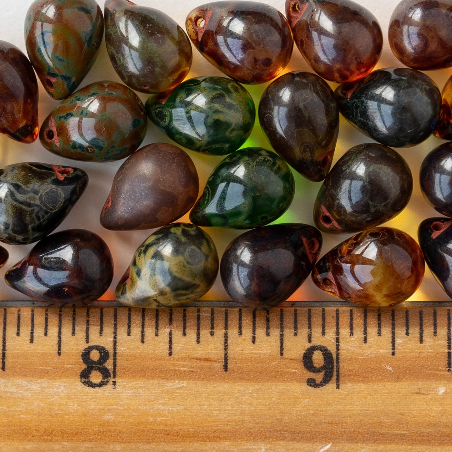 10x14mm Glass Teardrop Beads - Transparent Earthy Picasso Mix - 12, 24, or 48 beads
