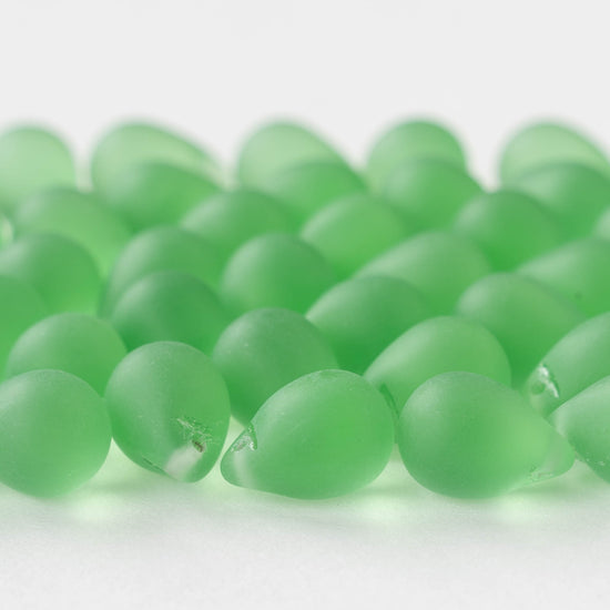10x14mm Glass Teardrop Beads - Peridot Green Matte - Choose Amount
