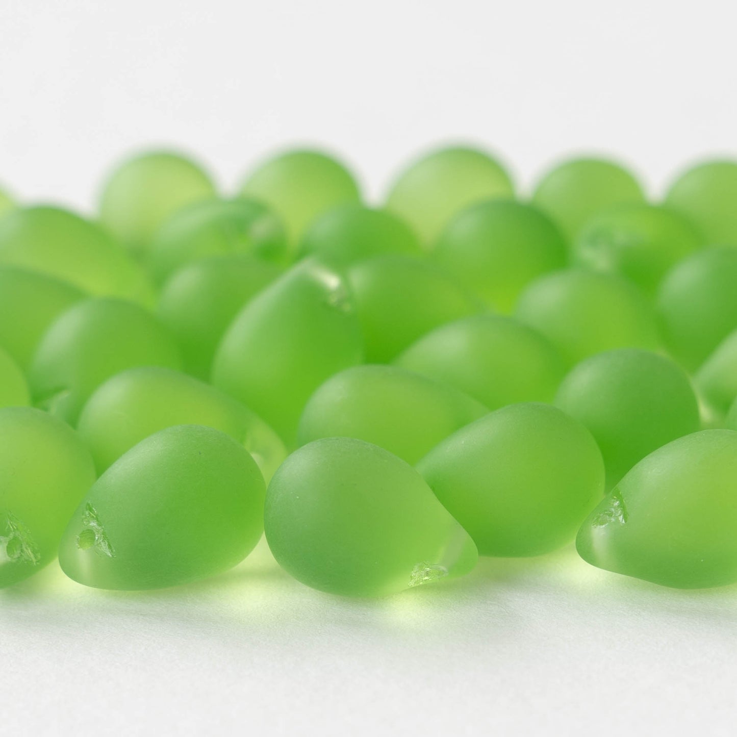 10x14mm Glass Teardrop Beads - Peridot Green Matte -