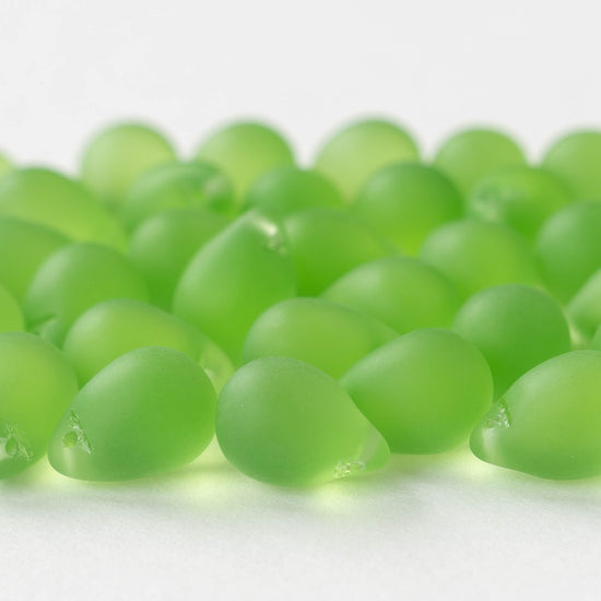 10x14mm Glass Teardrop Beads - Peridot Green Matte -