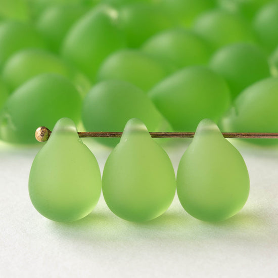 10x14mm Glass Teardrop Beads - Peridot Green Matte -