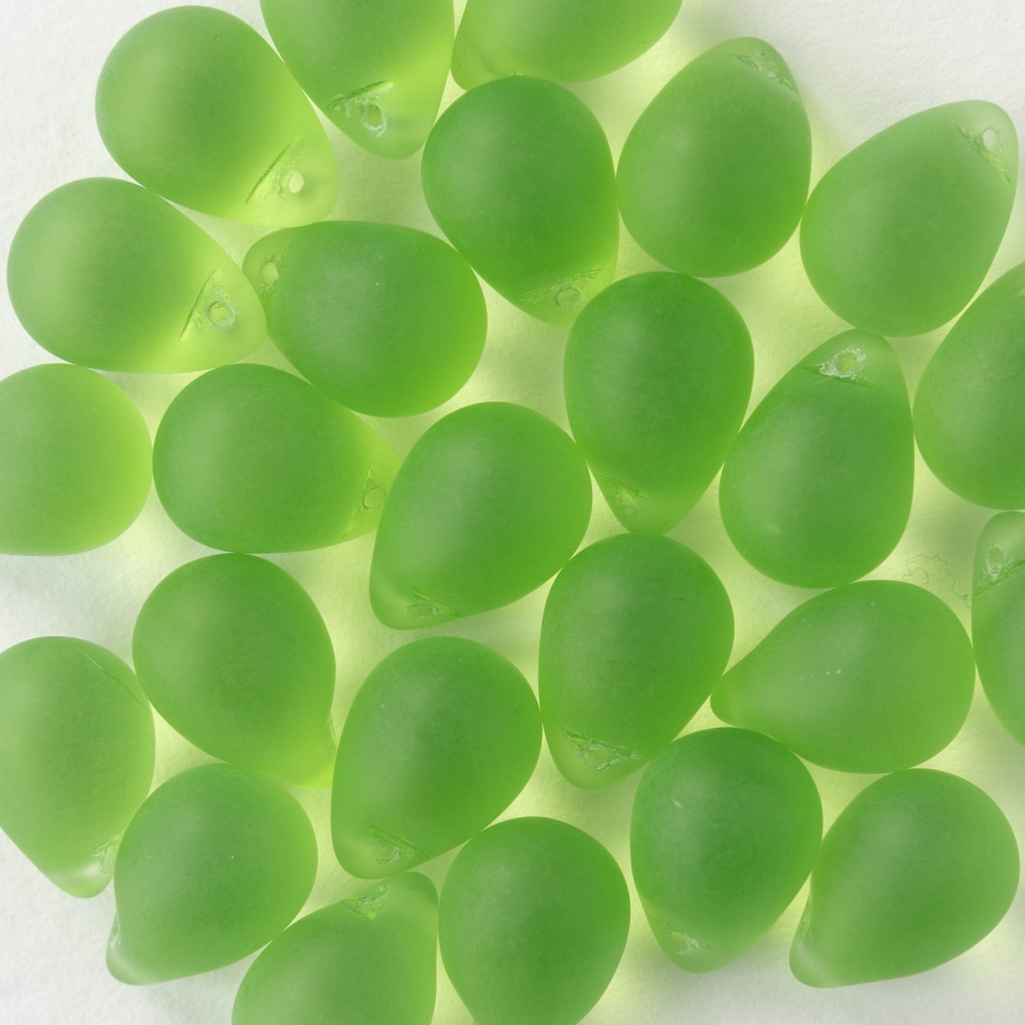 10x14mm Glass Teardrop Beads - Peridot Green Matte -