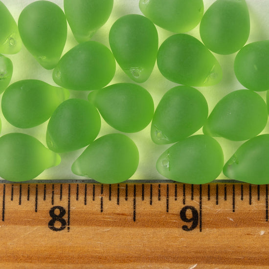 10x14mm Glass Teardrop Beads - Peridot Green Matte -