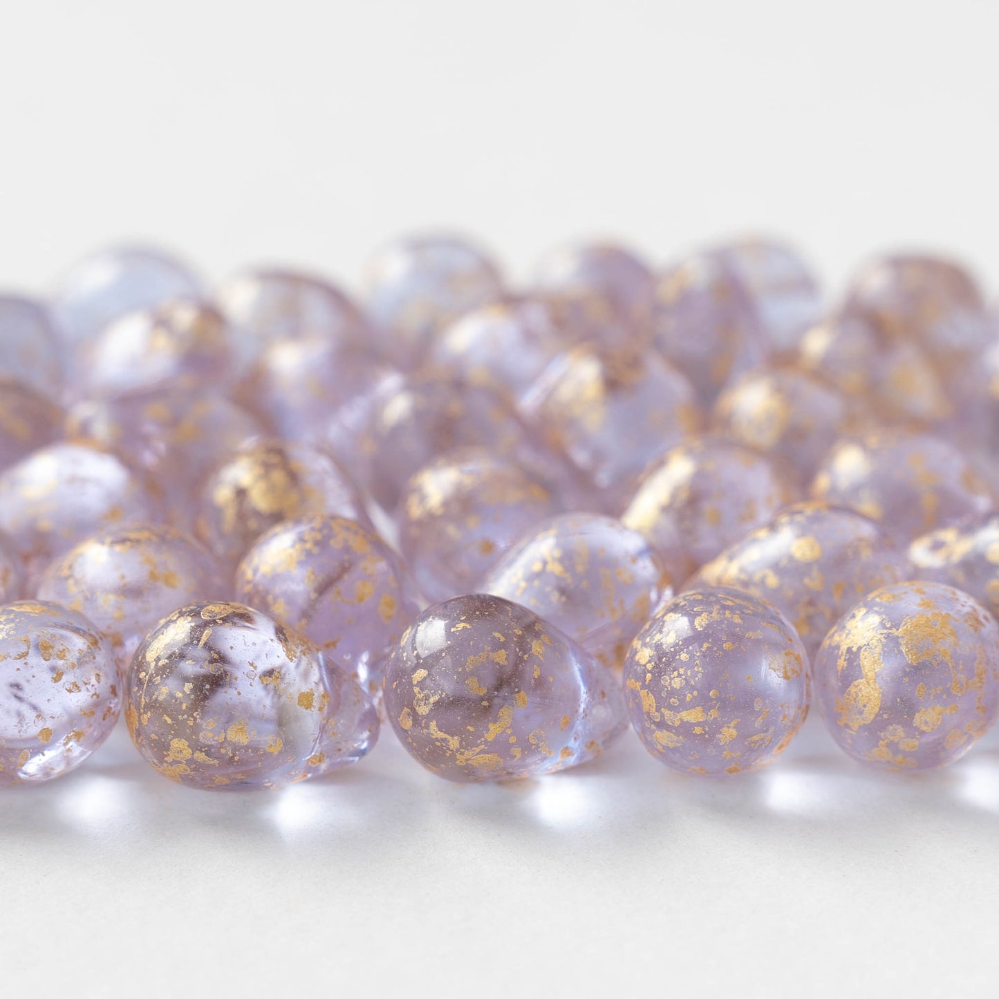 10x14mm Glass Teardrop Beads -  Light Lavender Gold Dust - 12 beads