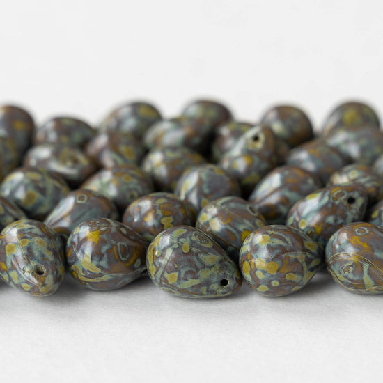 10x14mm Glass Teardrop Beads - Opaque Olive Picasso - 12 beads