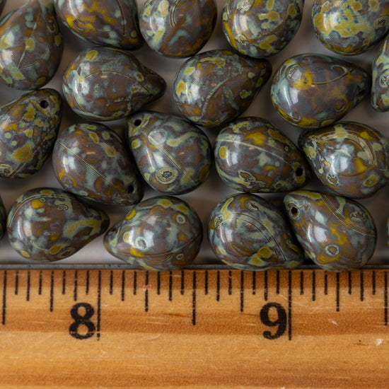 10x14mm Glass Teardrop Beads - Opaque Olive Picasso - 12 beads