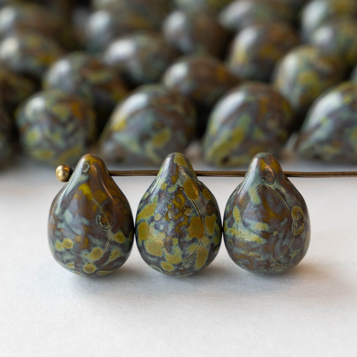 10x14mm Glass Teardrop Beads - Brown Picasso - 10 or 20 beads