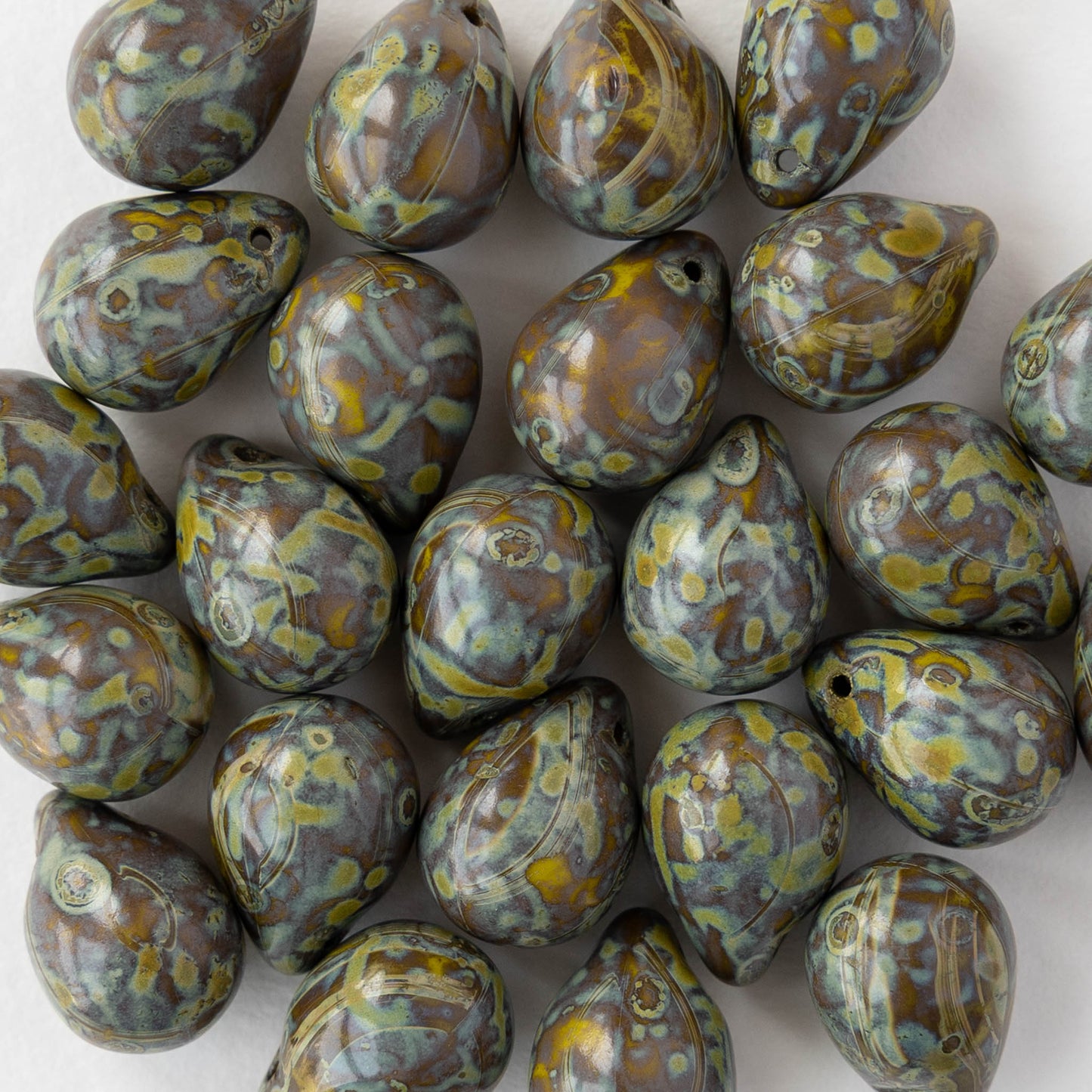 10x14mm Glass Teardrop Beads - Brown Picasso - 10 or 20 beads