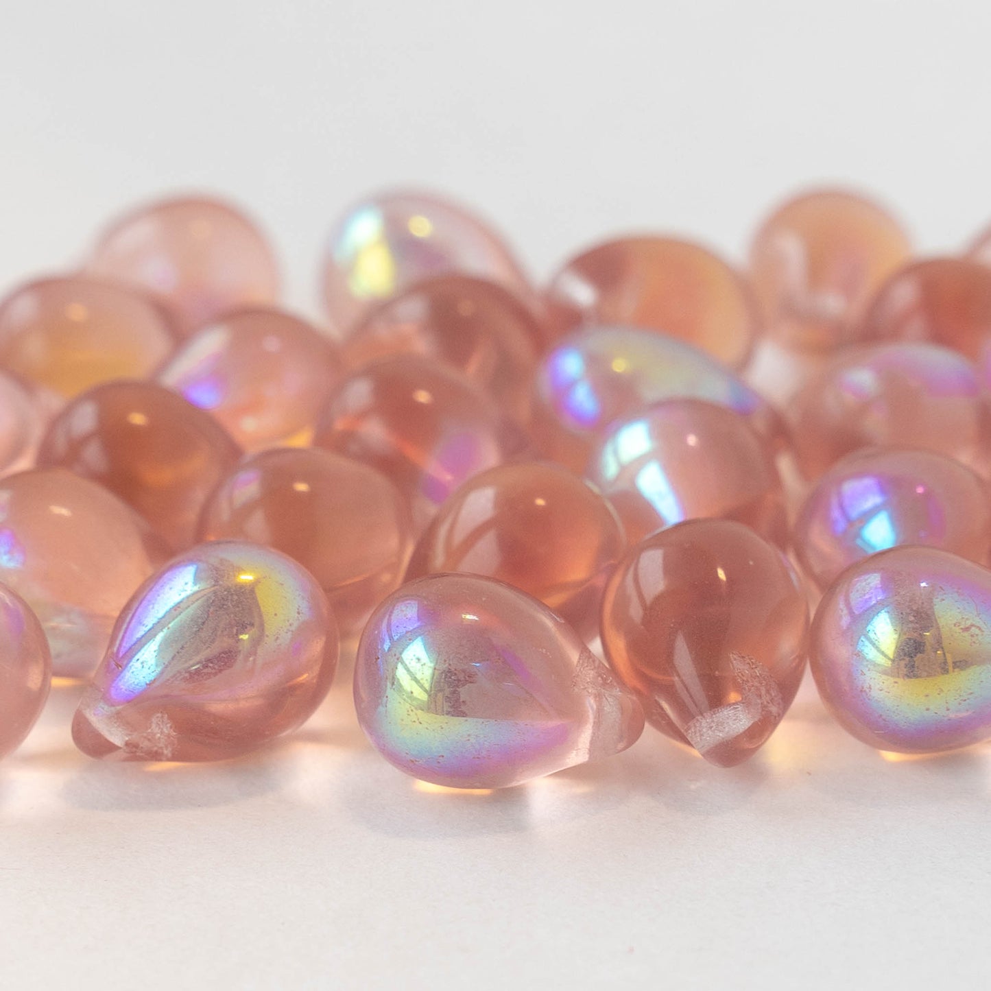 10x14mm Glass Teardrop Beads - Rosaline AB - 12 beads