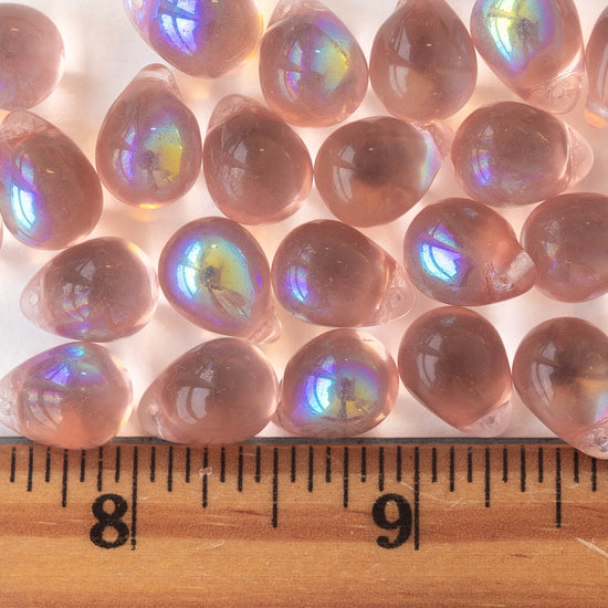 10x14mm Glass Teardrop Beads - Rosaline AB - 12 beads