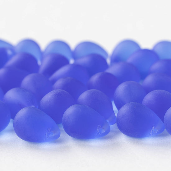 10x14mm Glass Teardrop Beads - Sapphire Blue Matte