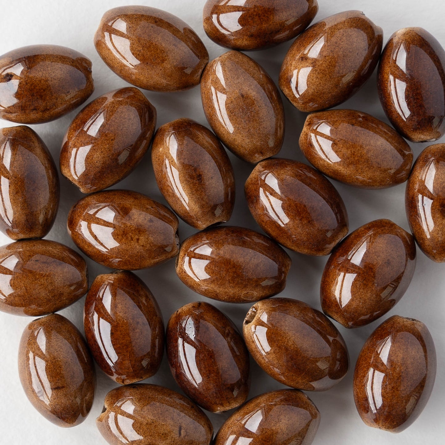 10x15mm Glazed Ceramic Oval Beads - Brown - 4 or 12 beads