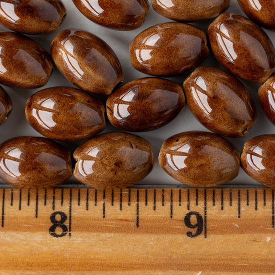 10x15mm Glazed Ceramic Oval Beads - Brown - 4 or 12 beads