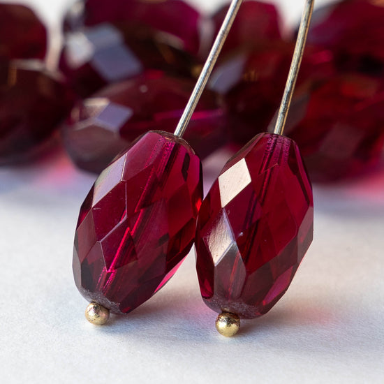 10x15mm Firepolished Glass Oval Beads - Cherry Red - 4 Beads