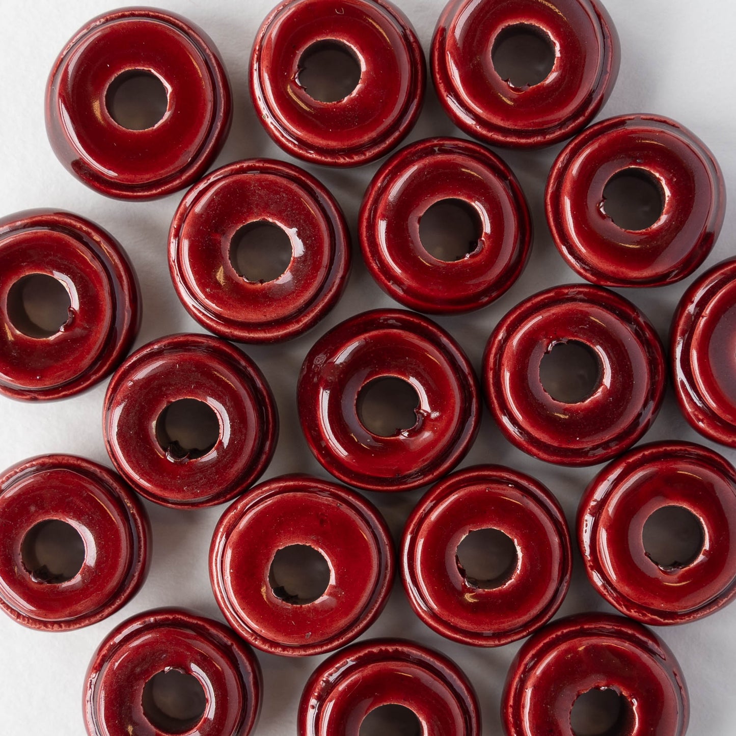 10x18mm Glazed Ceramic Washer Beads - Grenadine Red - 4 or 12 beads
