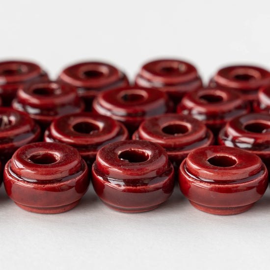 10x18mm Glazed Ceramic Washer Beads - Grenadine Red - 4 or 12 beads