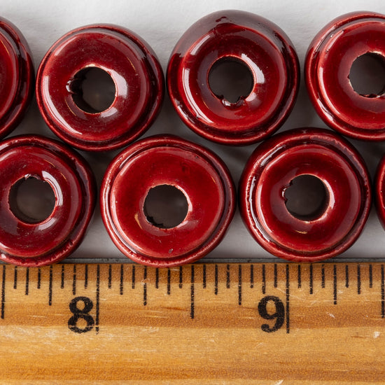10x18mm Glazed Ceramic Washer Beads - Grenadine Red - 4 or 12 beads