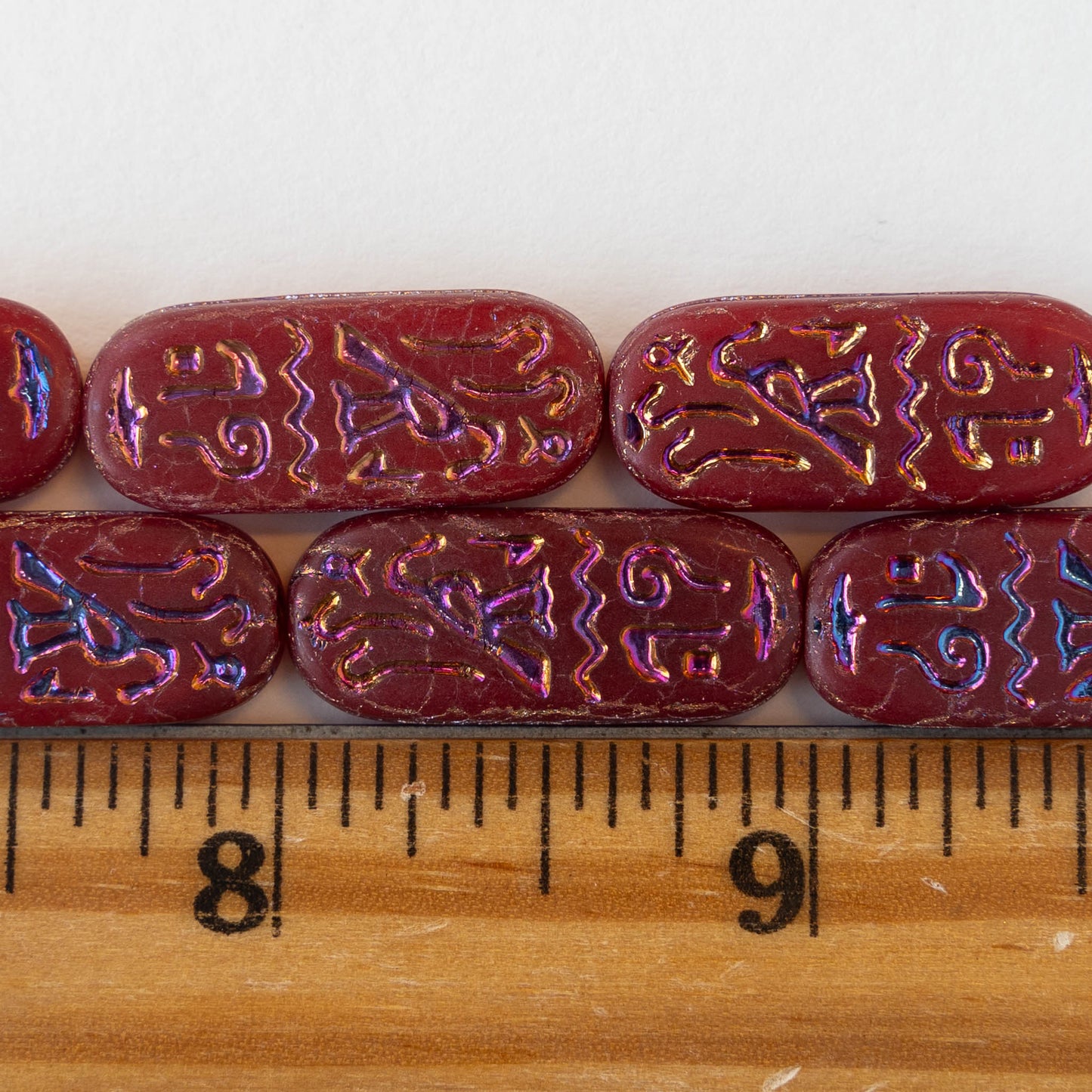 10x25mm Cartouche Beads -  Red Opaline Matte with Iridescent Purple/Blue Finish - 4