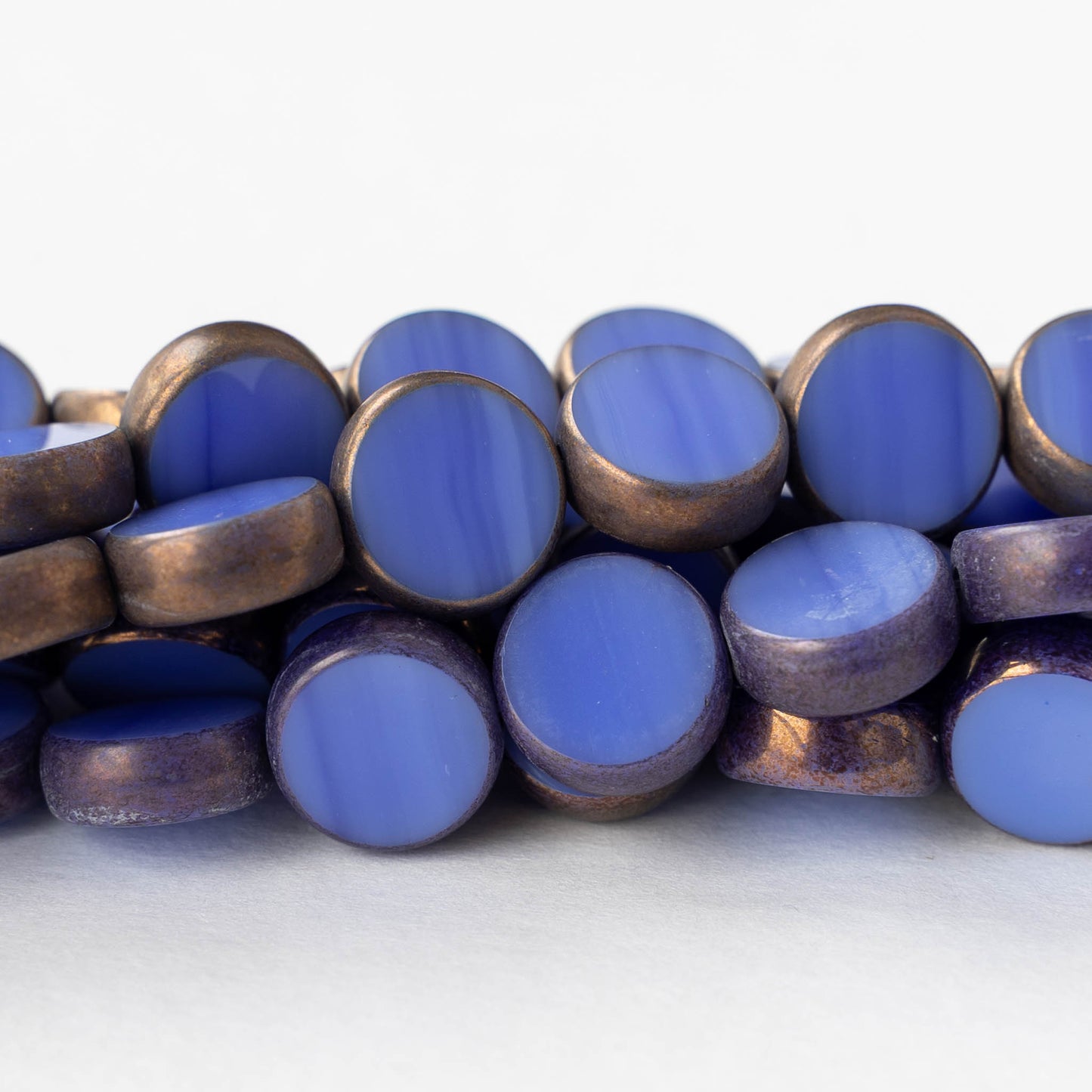 11mm Glass Coin Beads - Opaque Cornflower Blue with Bronze - 6 or 18 beads