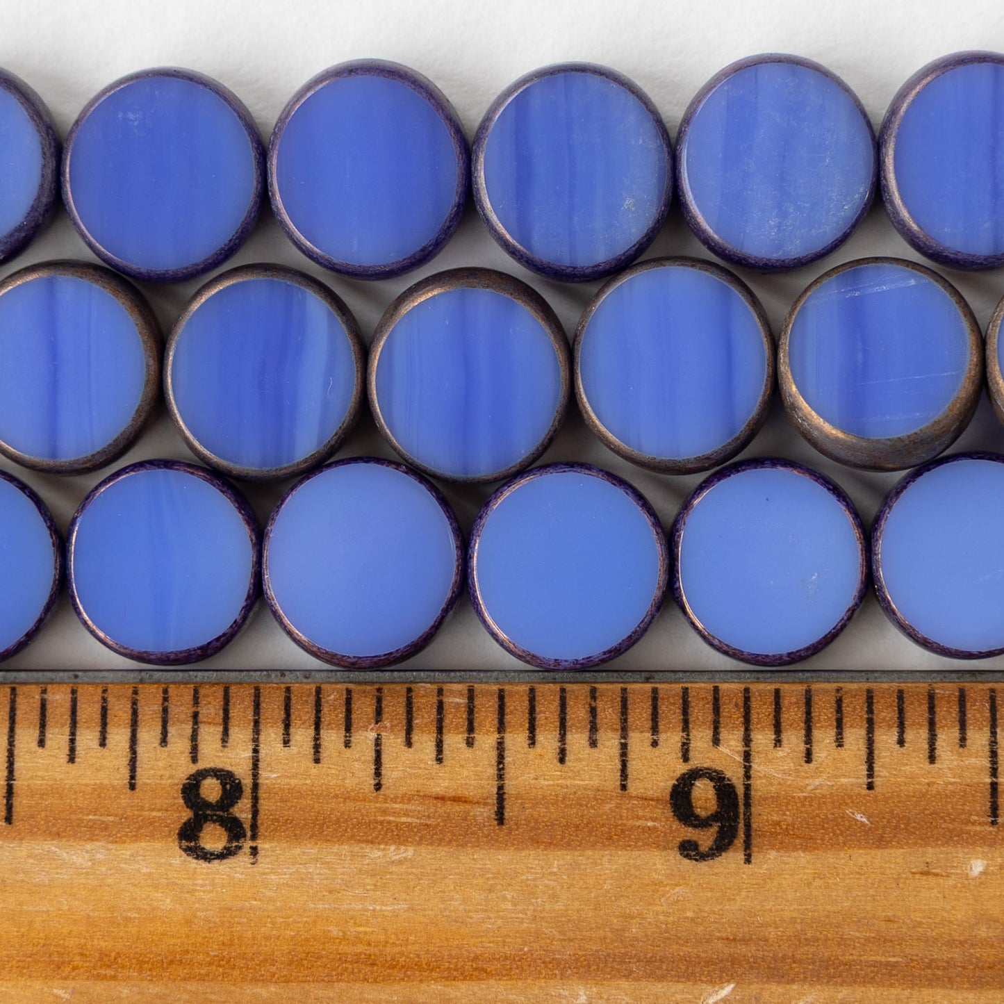 11mm Glass Coin Beads - Opaque Cornflower Blue with Bronze - 6 or 18 beads