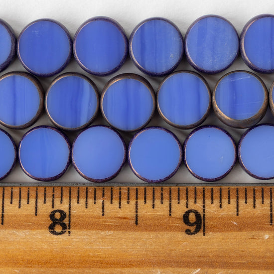 11mm Glass Coin Beads - Opaque Cornflower Blue with Bronze - 6 or 18 beads