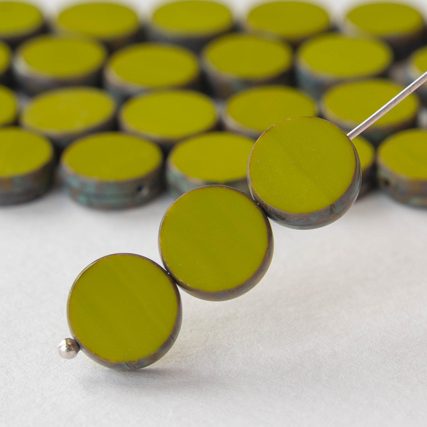 11mm Coin Beads - Opaque Olive Green - 20 beads