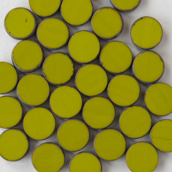 11mm Coin Beads - Opaque Olive Green - 20 beads