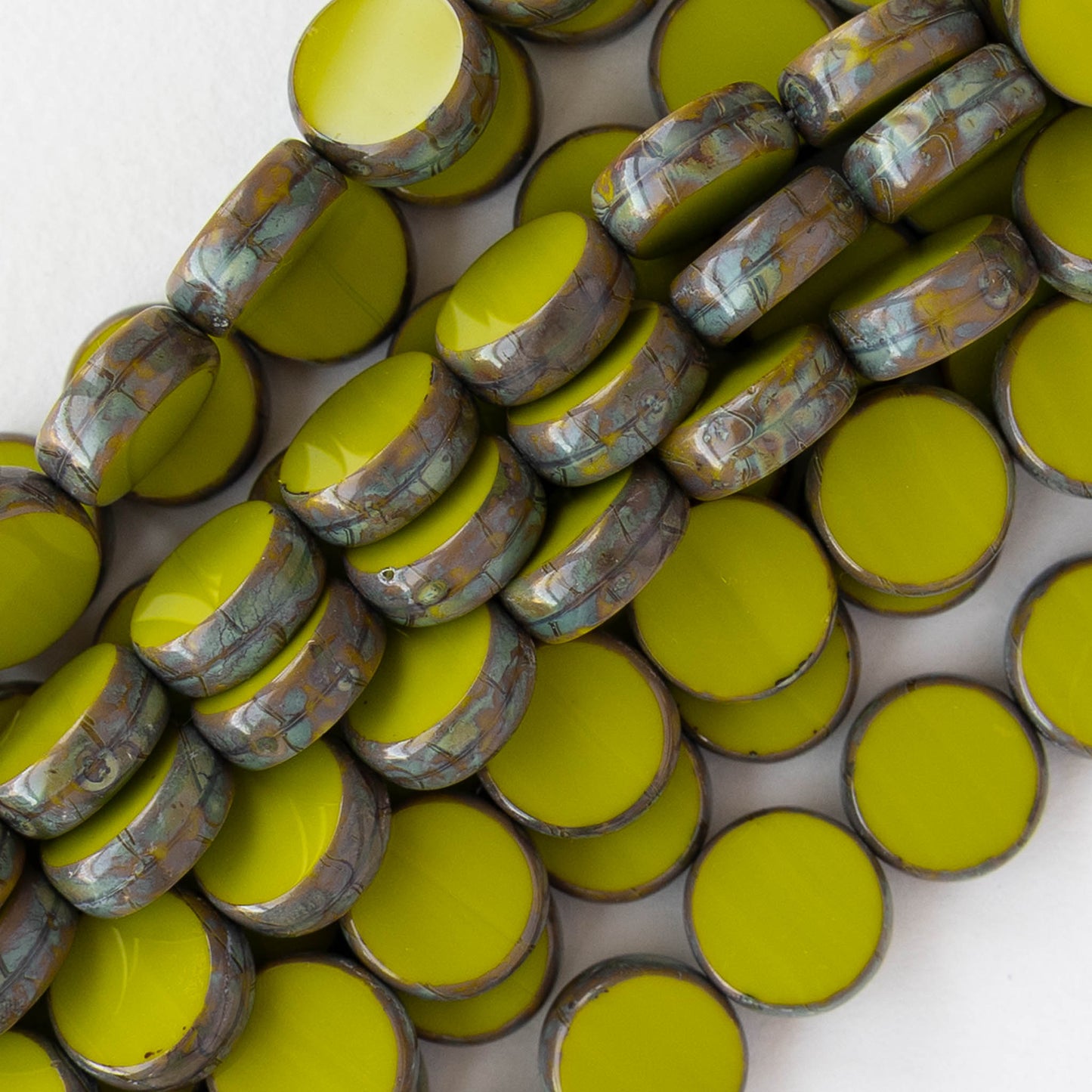 11mm Coin Beads - Opaque Olive Green with PIcasso Edges - 6 or 12 beads